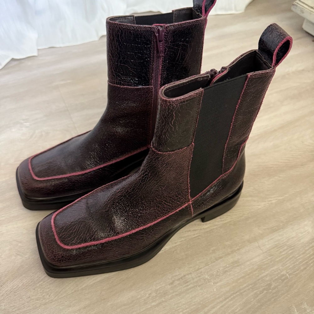 Free People Black Patent Ankle Boots with Pink Piping